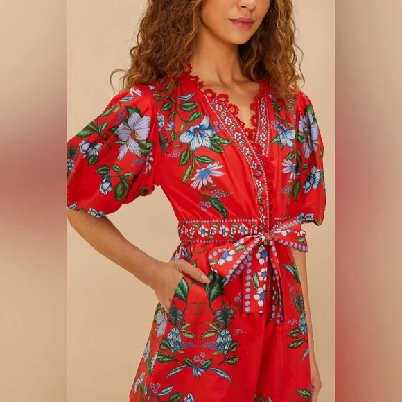 Farm Rio: Red Sweet Bloom Bouquet Organic
Cotton Romper / Mini Dress - Picture 3 of 11